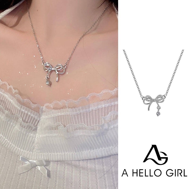 Hello Girl Jewelry Kalung Rantai Liontin Pita Hias Berlian Imitasi Gaya Korea Untuk Wanita