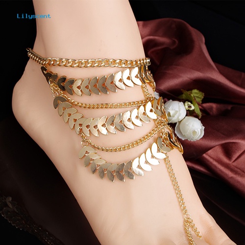 Lilyscent Tassel Ankle Bracelet Multi-Layer Anklet Golden Leaves Chain Toe Ring Barefoot