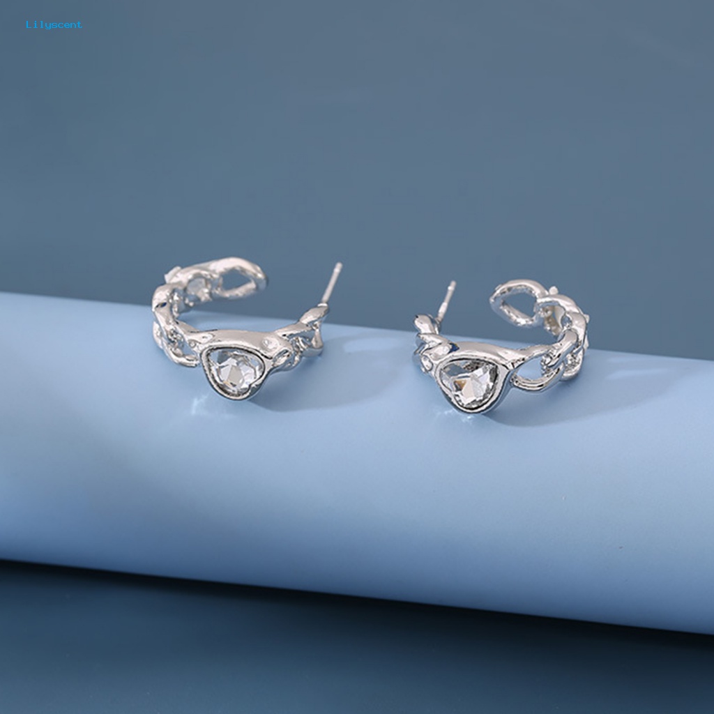 Lilyscent 1pasang Ear Studs Ringan Aksesoris Perhiasan Cinta Mengkilap Cubic Zirconia Klip Anting Rantai Berongga