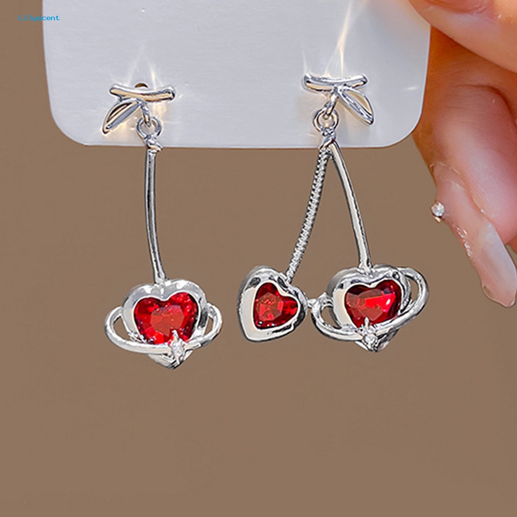 Lilyscent 1pasang Stud Desain Kait Anting Aksesoris Fashion Chic Cinta Hati Merah Berlian Imitasi Kait Anting All-match