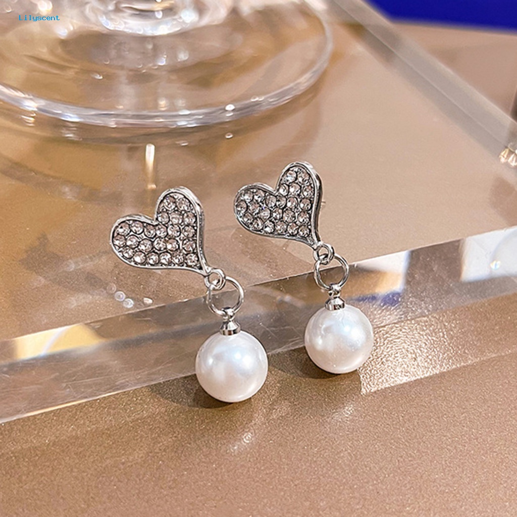 Lilyscent 1pasang Anting Liontin Alloy Untuk Pacaran INS Fashion Cinta Hati Mutiara Imitasi Berlian Imitasi Ear Studs Indah