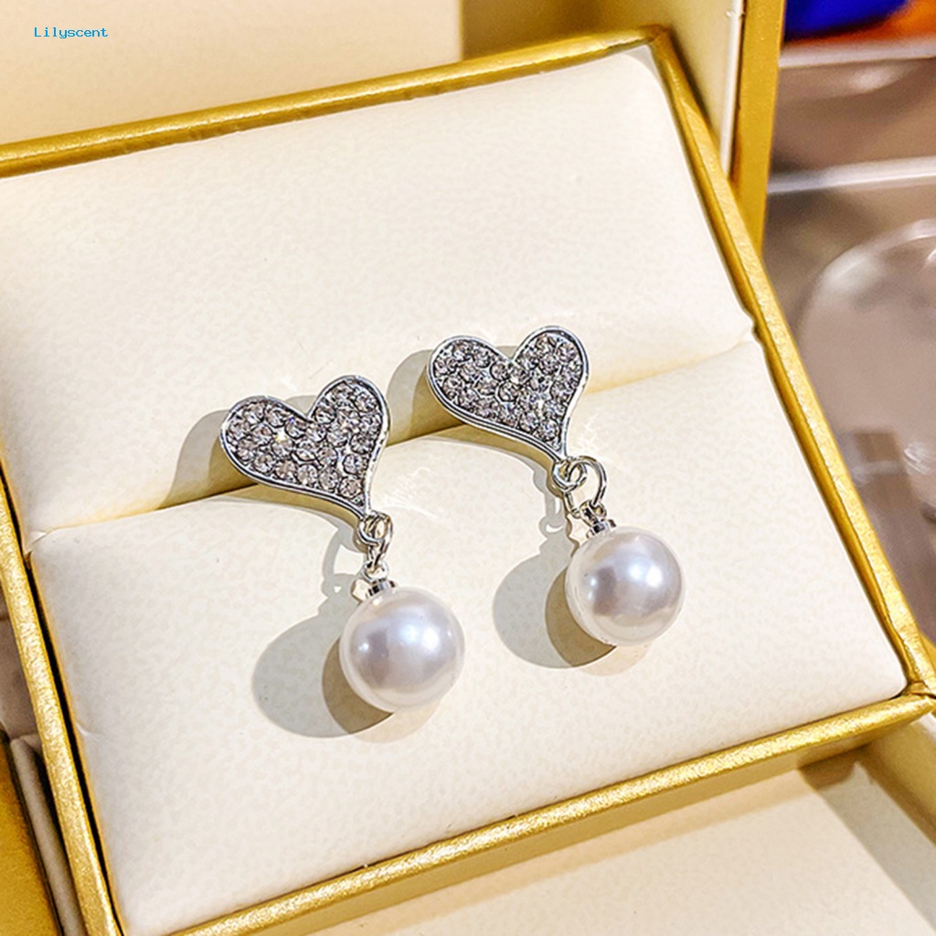 Lilyscent 1pasang Anting Liontin Alloy Untuk Pacaran INS Fashion Cinta Hati Mutiara Imitasi Berlian Imitasi Ear Studs Indah