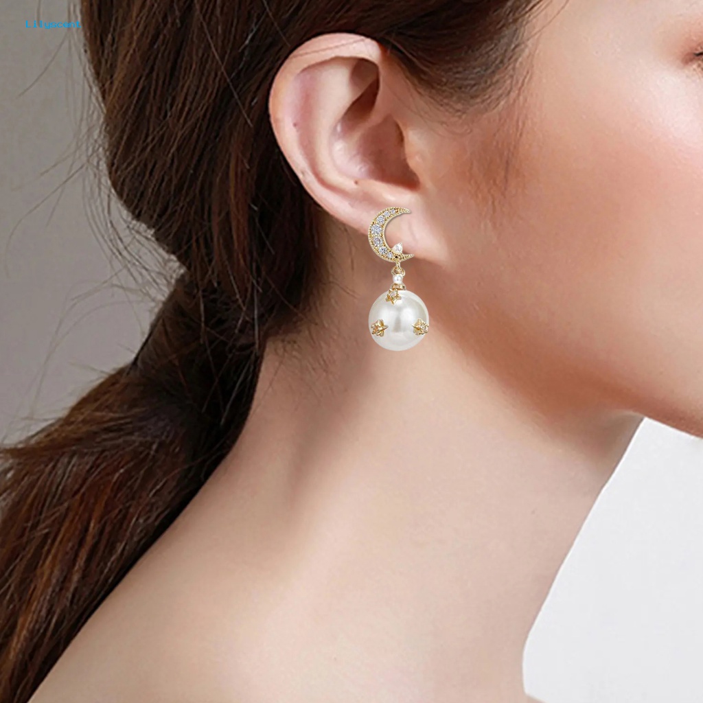 Lilyscent 1pasang Perhiasan Aksesori Menjuntai Anting Untuk Pacaran INS Fashion Bintang Dan Bulan Mutiara Imitasi Berlian Imitasi Anting Indah