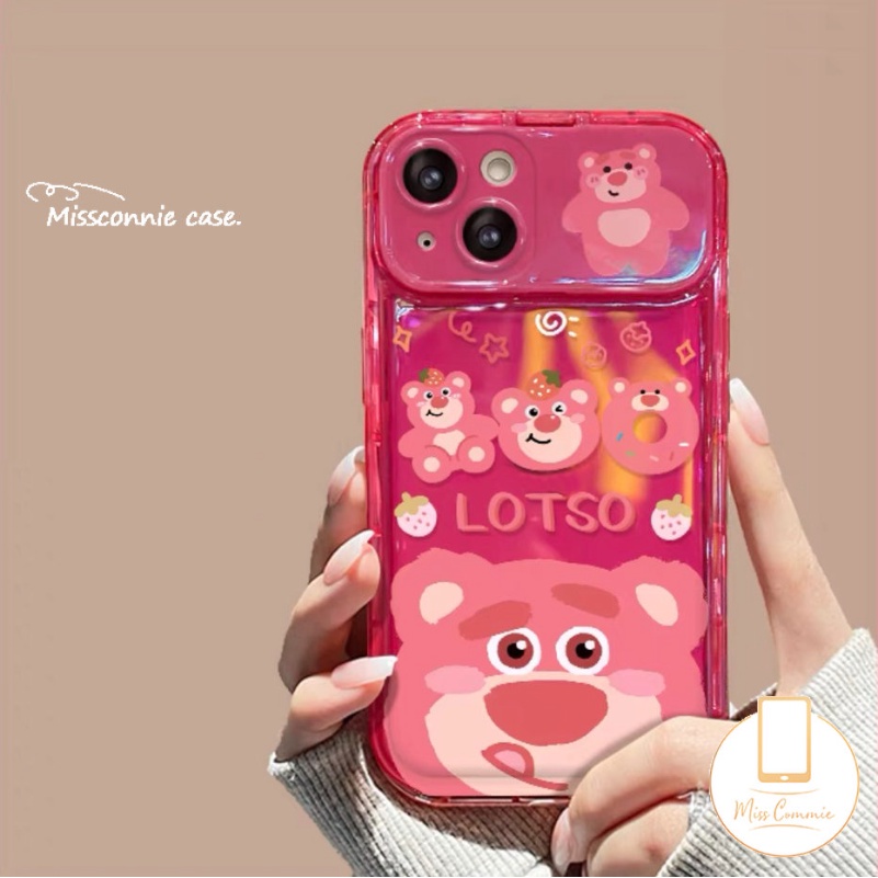 Mainan 3D Flip Make Up Mirror Case Kompatibel Untuk iPhone 11 Pro MAX 7Plus 14 12 13 Pro MAX 7 8 14 Plus XR 11 14 X XS MAX SE Kartun Strawberry Bear Cute Manyo Shockproof Soft Cover