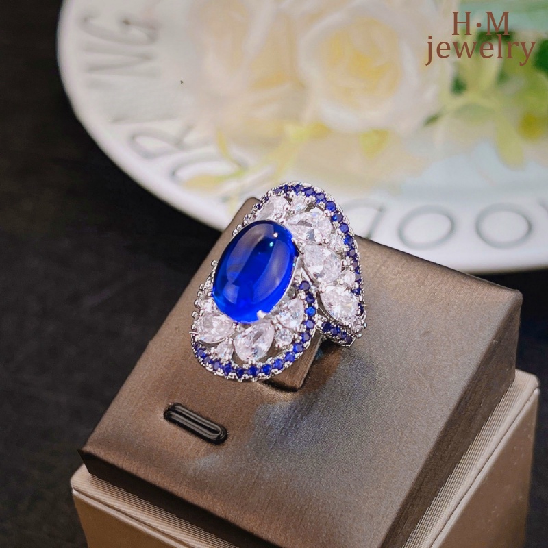 S925 Perak Rasa Laut Blue Vortex Cincin Bertatahkan Berlian Biru Berwarna Permata Ornamen