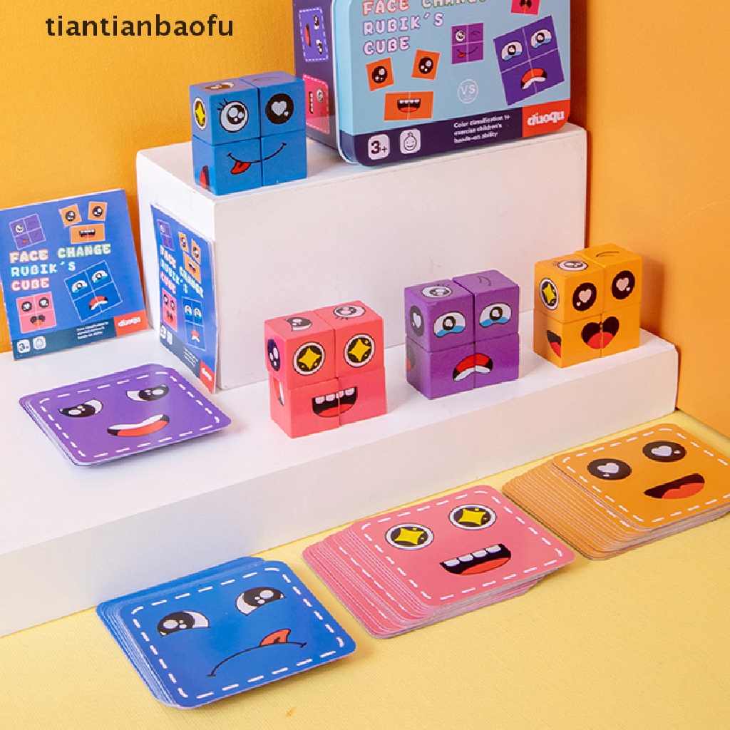 [tiantianbaofu] Emosi Wajah Mengubah Blok Ekspresi Kayu Mainan Puzzle Anak Cube Table Game Belajar Montessori Mainan Edukasi Anak Butik