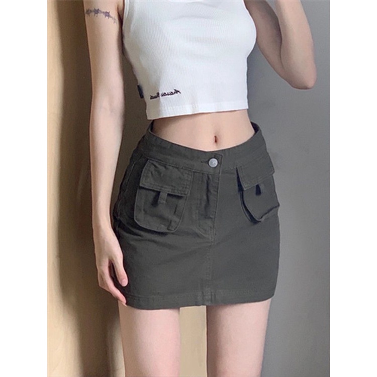 Red American Retro Hijau Tentara Perkakas Rok Wanita High Waist A-line Denim Rok Babes Anti-Skid Tas Hip Pendek rok Celana