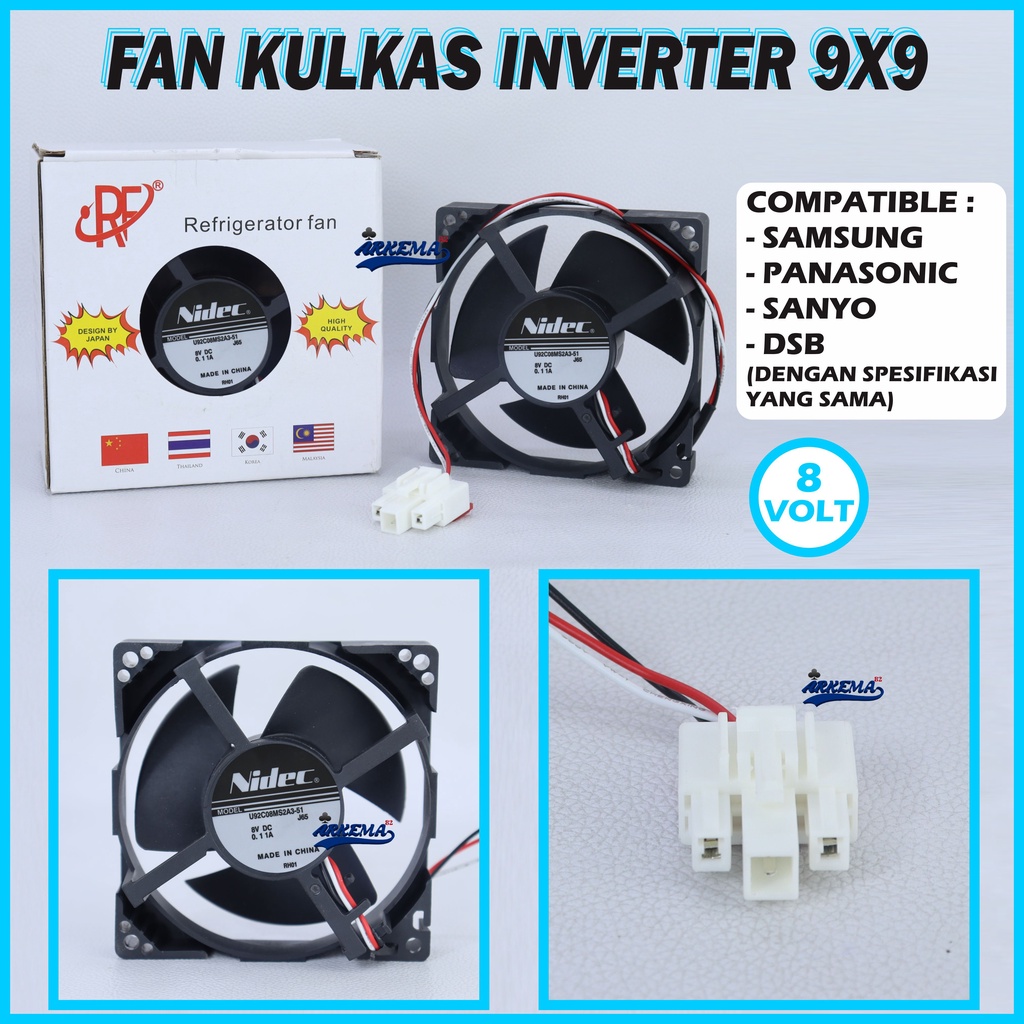 FAN KOTAK SANYO INVENTER DC 8V 9X9 NIDEC | MOTOR FAN KULKAS DC 8V | DINAMO FAN KULKAS  8 VOLT - ARKEMA