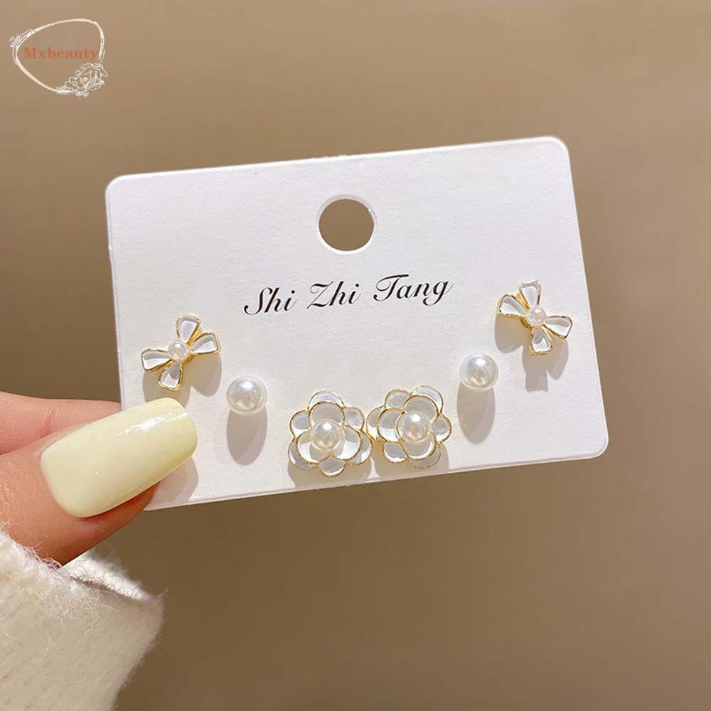 Mxbeauty Wanita Stud Earrings Lucu Temperamen Mutiara Camellia Ikatan Simpul Manis Anting Set