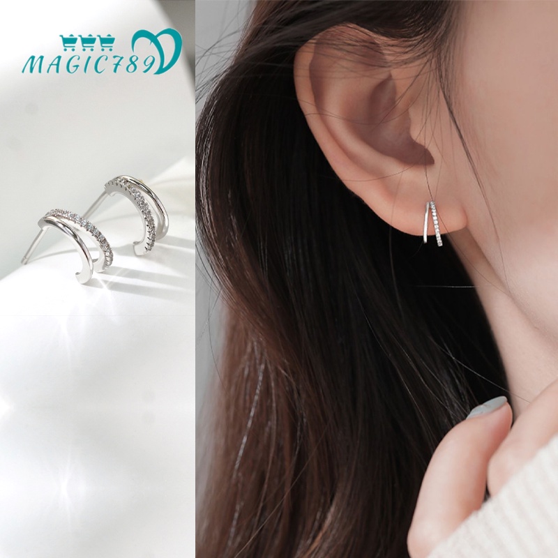 Papaozhu Korea S925 Perak C Bentuk Bersinar Kristal Stud Anting-Anting Untuk Wanita Perempuan Minimalis Kedip Geometris Zirkon Anting-Anting Perhiasan Telinga Mode