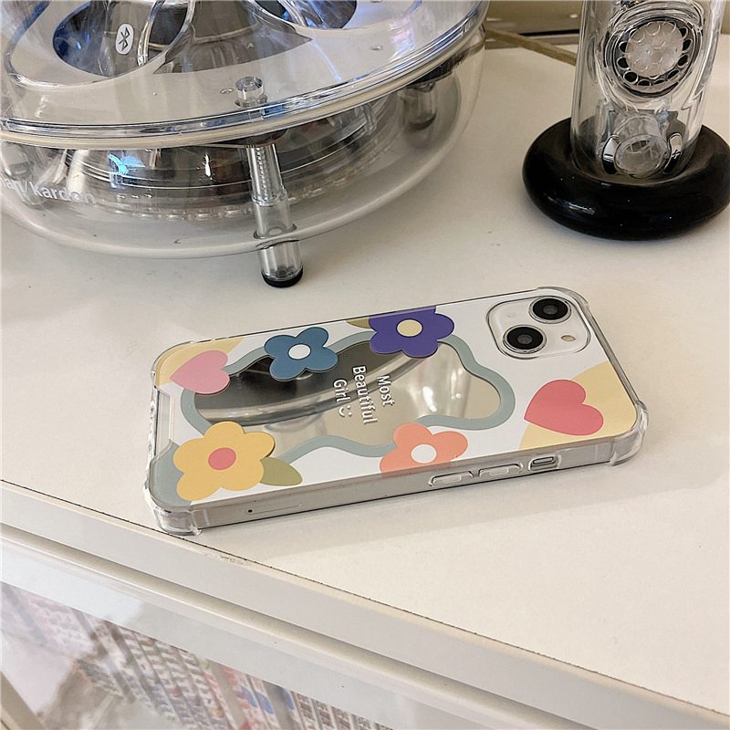 【Anti Fall Mirror】Pretty Silver Makeup Silicone Soft Case Iphone 6S 7 8 Plus X XR XS Max IPhone 11 12 13 14 Pro Max 14 Plus 7+ 8+ 12 13 mini for Women Girl Ins Colorful SunFlower