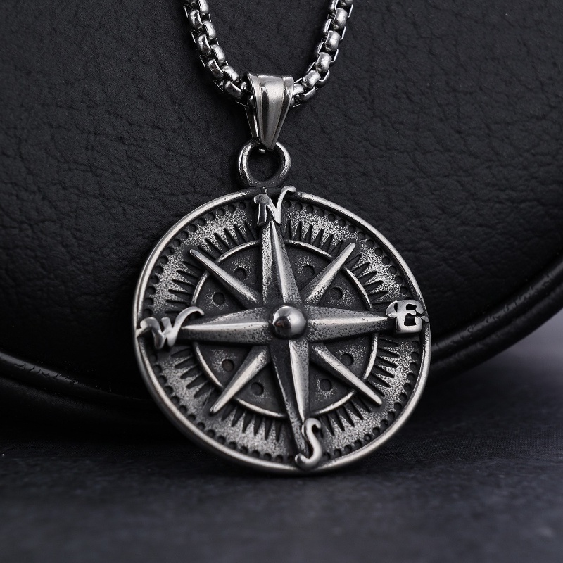 [Z H Perhiasan] Vintage Nordic Viking Kompas Gaya Hip Hop Liontin Pria Dan Wanita Fashion Stainless Steel Kalung Punk Pesta Rock Perhiasan Aksesoris