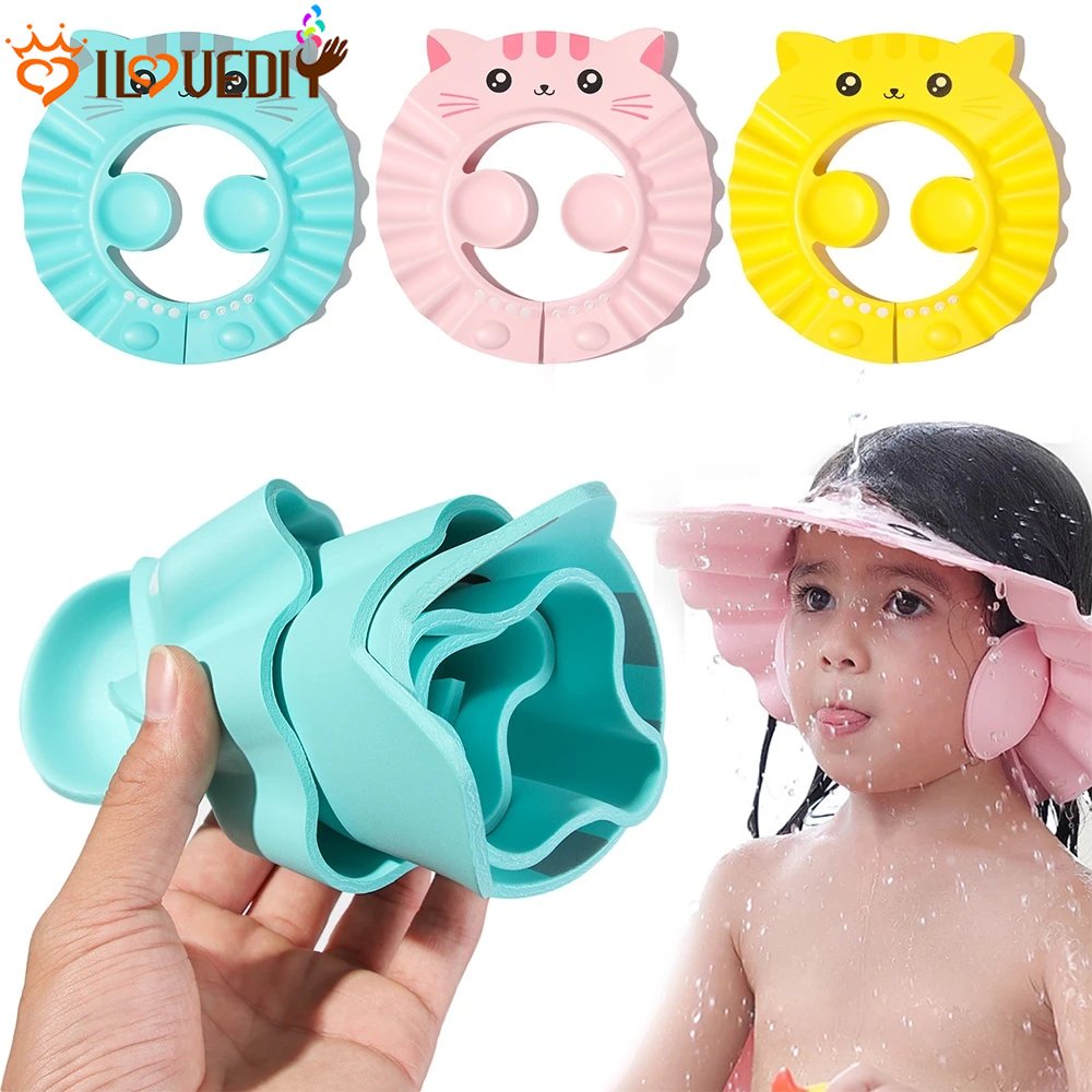 1pc Aksesoris Mandi Anak Lembut Cuci Rambut Topi Penutup Kepala Tahan Air Pelindung Telinga Anak Visor Mandi 3warna Kartun Adjustable Bayi Shower Cap