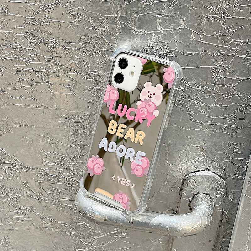 [Anti Jatuh Cermin] Pretty Silver Makeup Silikon Soft Case IPhone 6S 7 8 Plus X XR XS Max IPhone 11 12 13 14 Pro Max 14 Plus 7+8+12 13 Mini Wanita Cewek Lucu Tomat Blueberry Bear