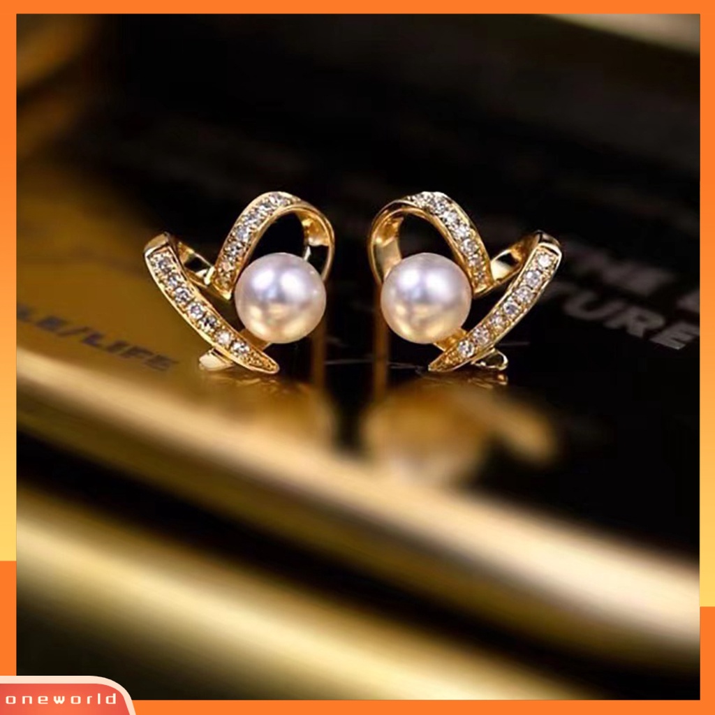 [EONE] 1pasang Ear Studs Elegan Berbentuk Hati Berlian Imitasi Mengkilap Hias Sparkling Dress Up Hadiah Wanita Mutiara Imitasi Stud Earrings Perhiasan Aksesori Fashion
