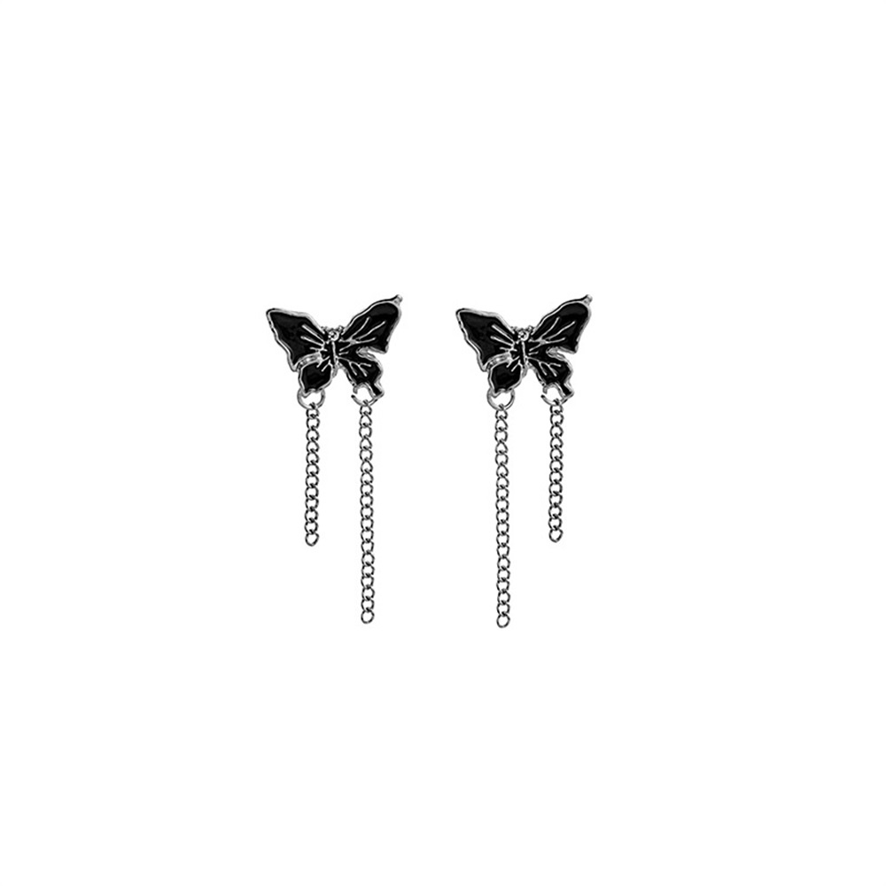 Ins Hitam Kupu-Kupu Rumbai Anting Gadis Keren Vintage Unik Studs Earring Perhiasan Aksesoris