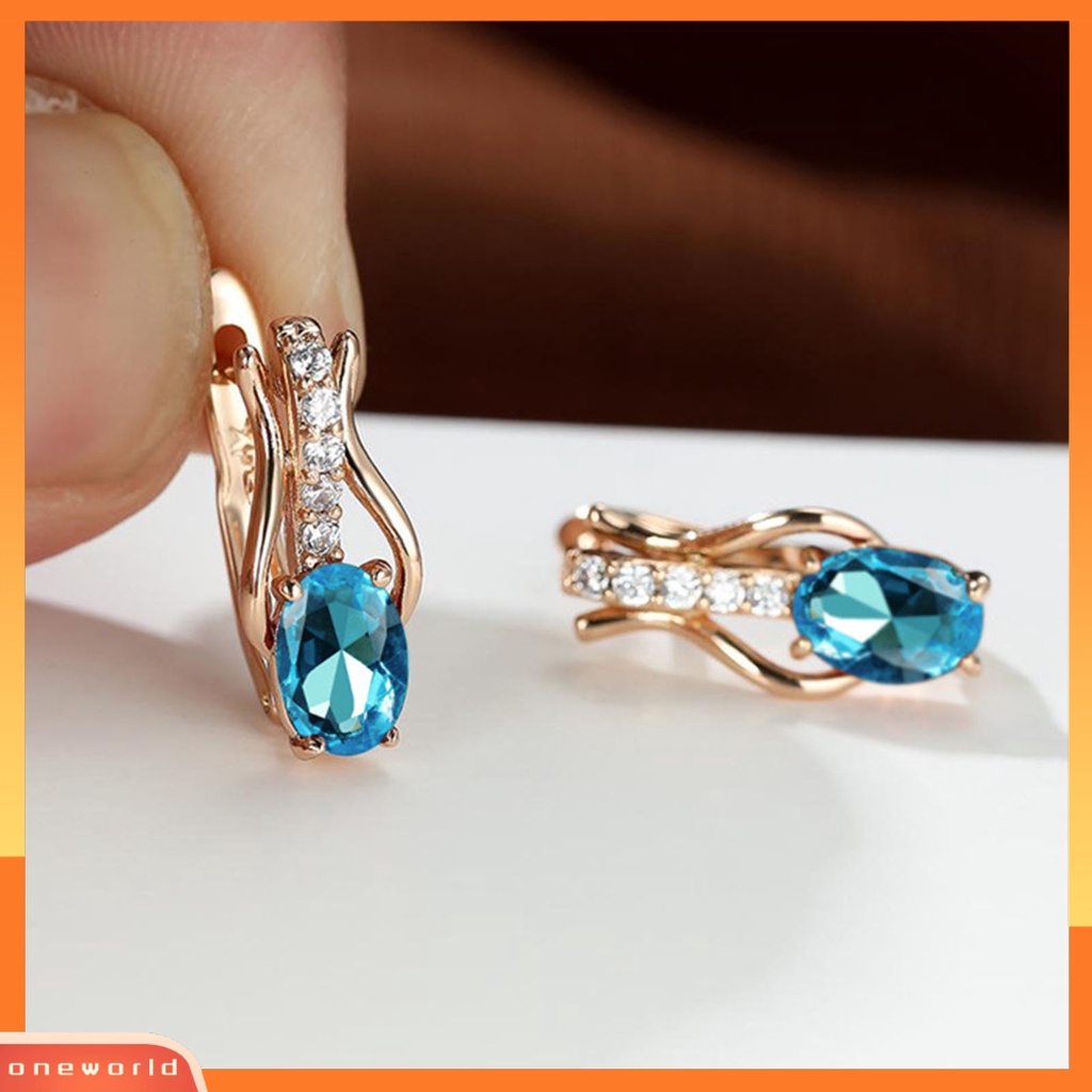 [EONE] 1pasang Drop Earrings Oval Potong Batu Permata Imitasi Temperamen Shiny Cubic Zirconia Hias Dress Up Hadiah Wanita Mewah Menjuntai Anting Perhiasan Pernikahan