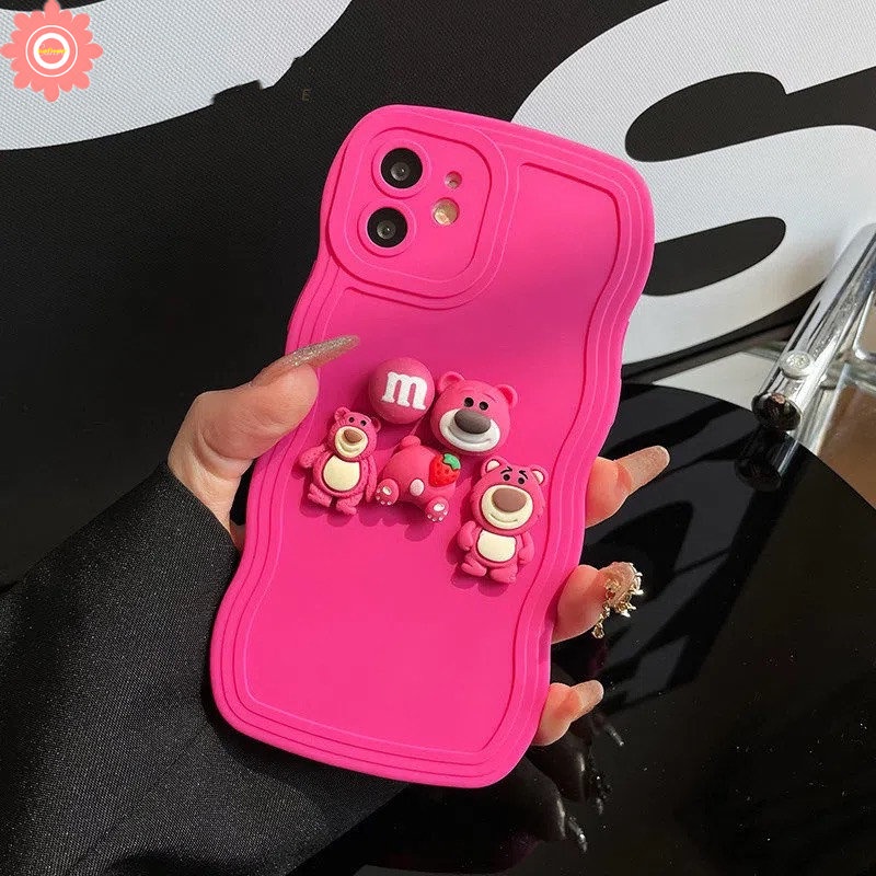 IPHONE 3d Boneka Kartun Strawberry Bear Bow Rose Red Case Kompatibel Untuk Iphone11Xr 7Plus 14 12 13 Pro Max7 8 14 Plus X XS MAX Mewah Shockproof Wavy Edge Back Cover