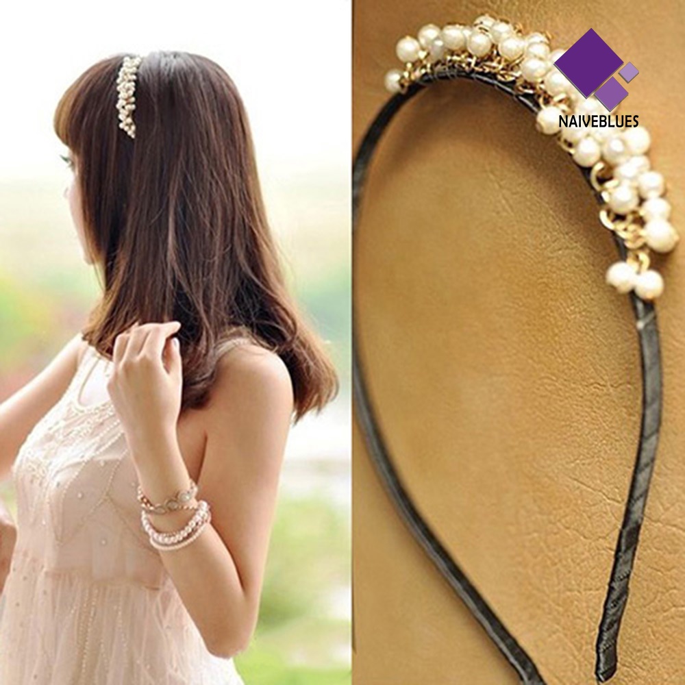&lt; Naiveblues &gt; Ikat Kepala Hoop Band Mutiara Imitasi Manis Wanita Gaya Korea Elegan