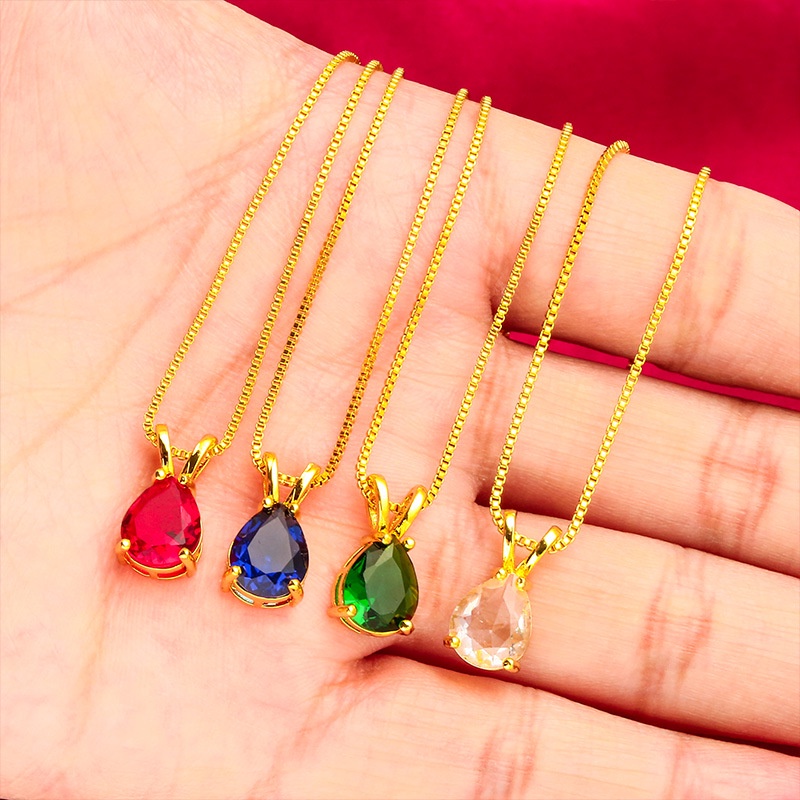 Goldkingdom Perhiasan Fashion 24K Bangkok Aksesoris Ready Stock Wanita Safir Zamrud Ruby Berlian Liontin Rantai Tipis