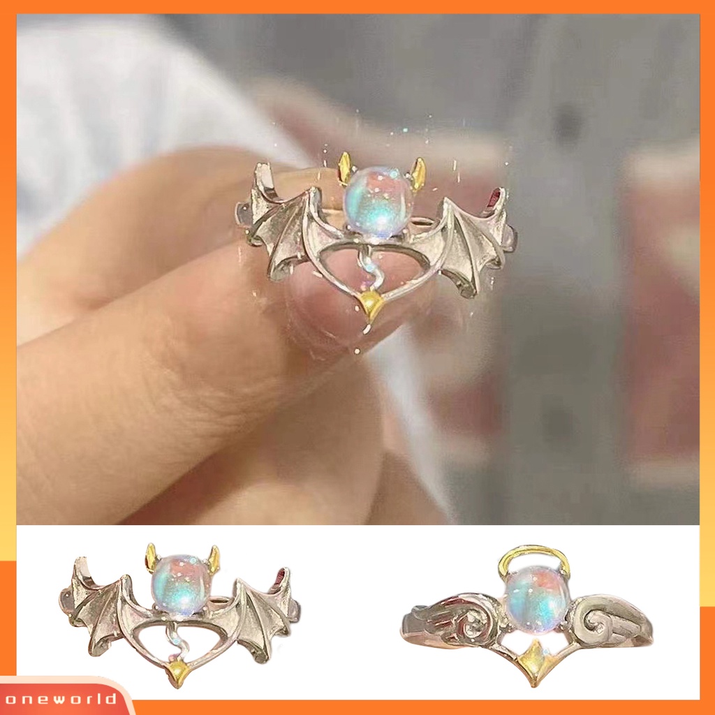 [EONE] Cincin Pasangan Pembukaan Adjustable Pria Wanita Bersinar Faux Moonstone Finger Ring Untuk Pernikahan