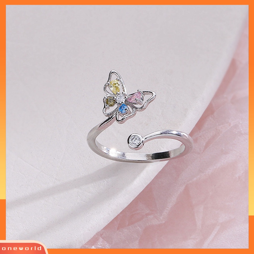 [EONE] Wanita Cincin Manis Warna-Warni Cubic Zirconia Open End Temperamen Bentuk Kupu-Kupu Hias Berlian Imitasi Jari Telunjuk Cincin Aksesoris Fashion