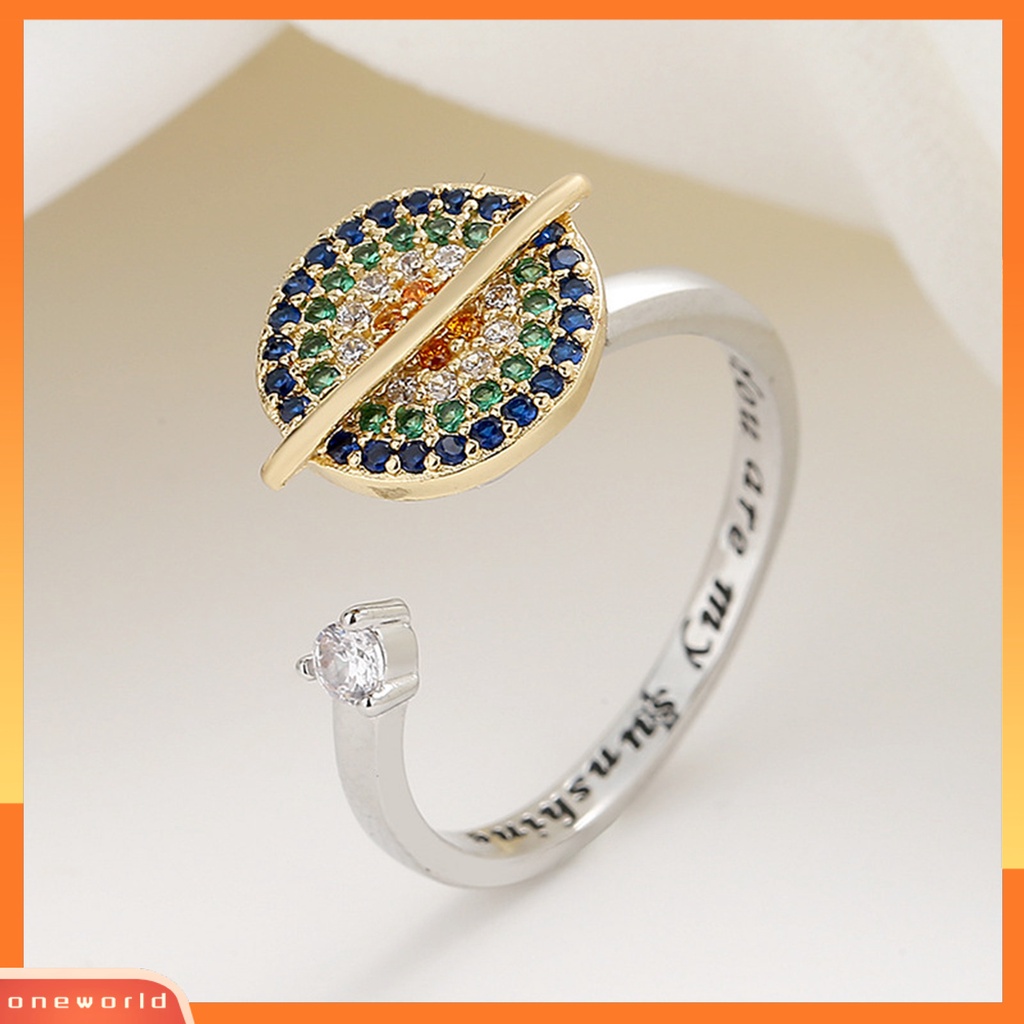 [EONE] Cincin Terbuka Bersinar Dapat Diputar Warna-Warni Cubic Zirconia Huruf Berlian Imitasi Pereda Kecemasan Desain Planet Wanita Fidget Anti Kecemasan Cincin Perhiasan Aksesori