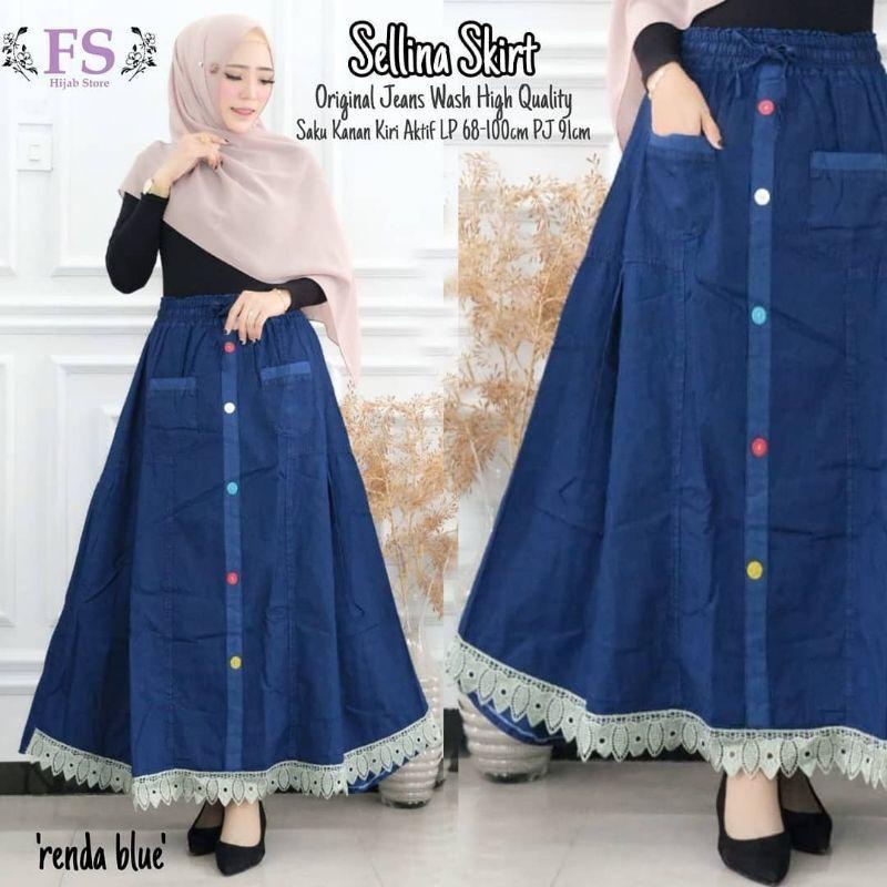 ROK JEANS PANJANG WANITA DEWASA KANCING RENDA