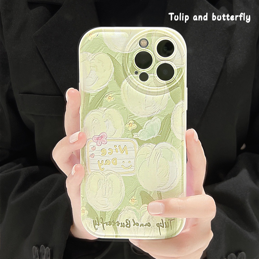 IPHONE Musim Panas Hijau Tulip Lukisan Minyak Bulat Pelindung Lensa Kamera Lembut Ponsel Case Cover Untuk Iphone7 8 PLUS X XR XS 11 12 13 14 PRO MAX SE 2020