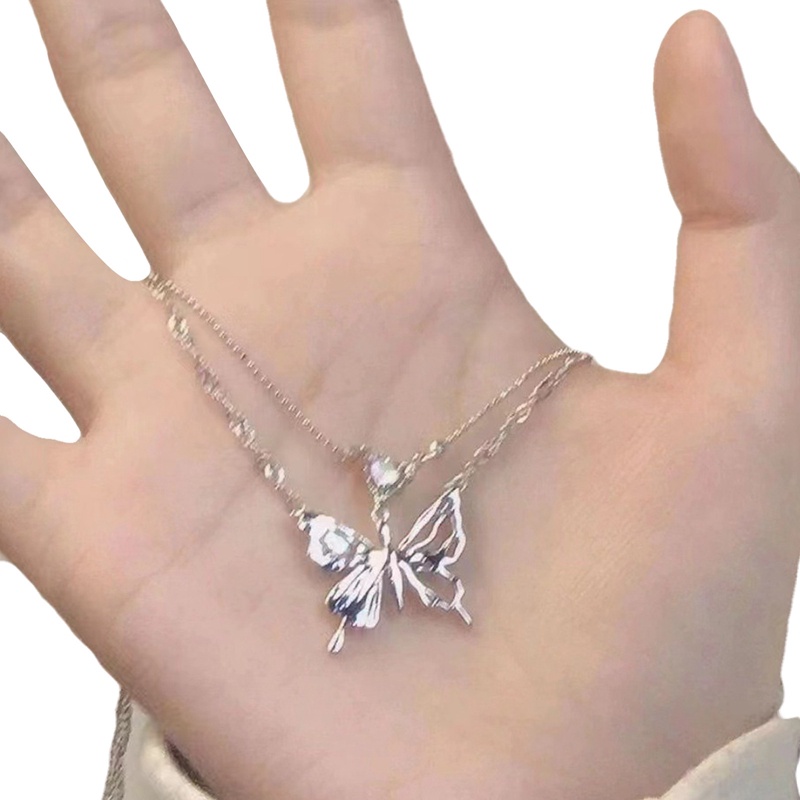 Kalung Liontin Kupu-Kupu Vintage Untuk Wanita Hip Hop Kpop Rantai Ganda Jantung Kalung Gadis Perhiasan
