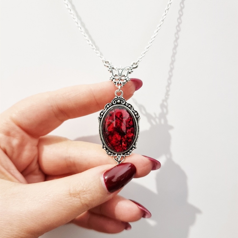 Kalung Liontin Quartz Timbul Merah Darah Gotik/Kalung Gaya Diablo Untuk Pria Dan Wanita/Kalung Rantai Pantai/Kalung Choker Vintage Trend/Aksesoris Perhiasan