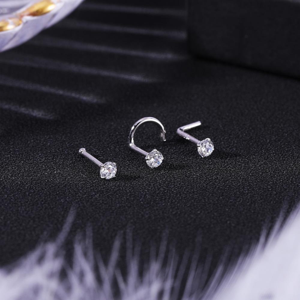 1pc 2.5/2.5/3.5mm Tindik Hidung Kristal925 Sterling Silver Nose Stud Zircon Nostril Piercing Bentuk L Hidung Stud 18G/20G