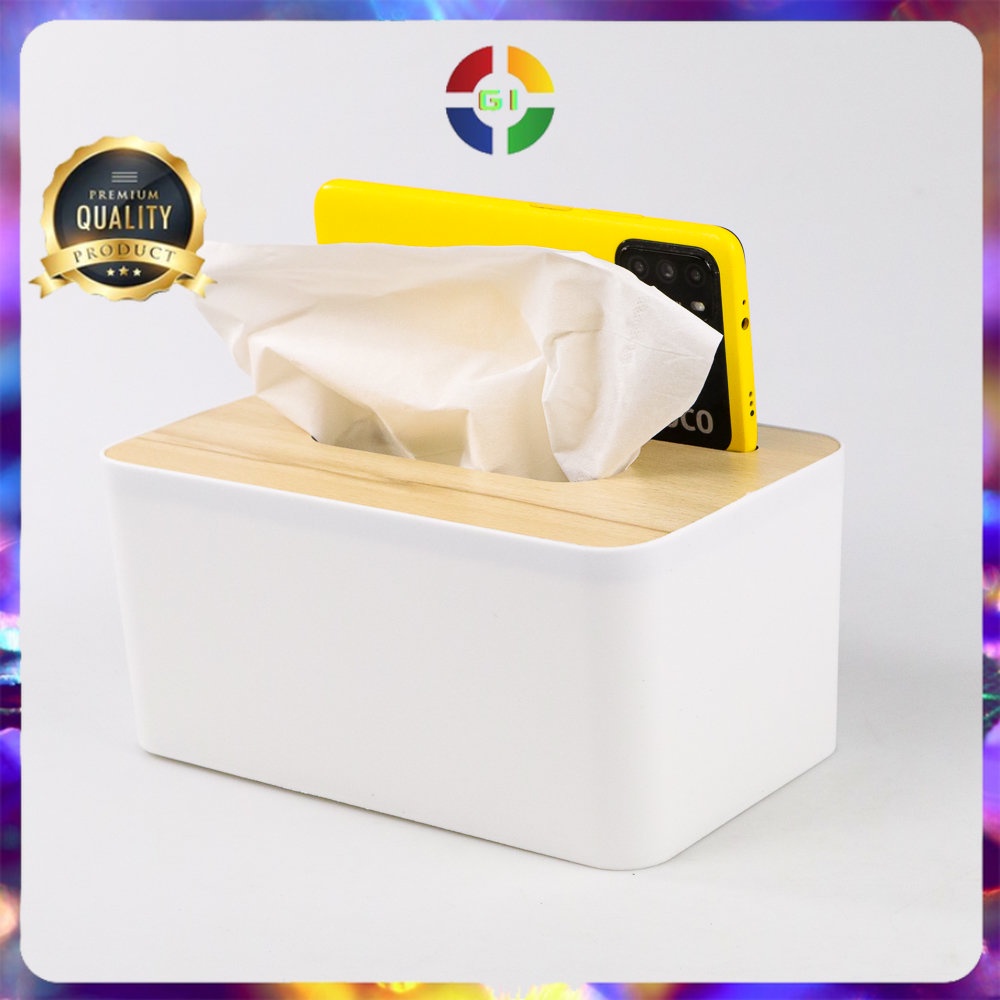 Kotak Tisu Kayu Tissue Box dengan Holder Smartphone White
