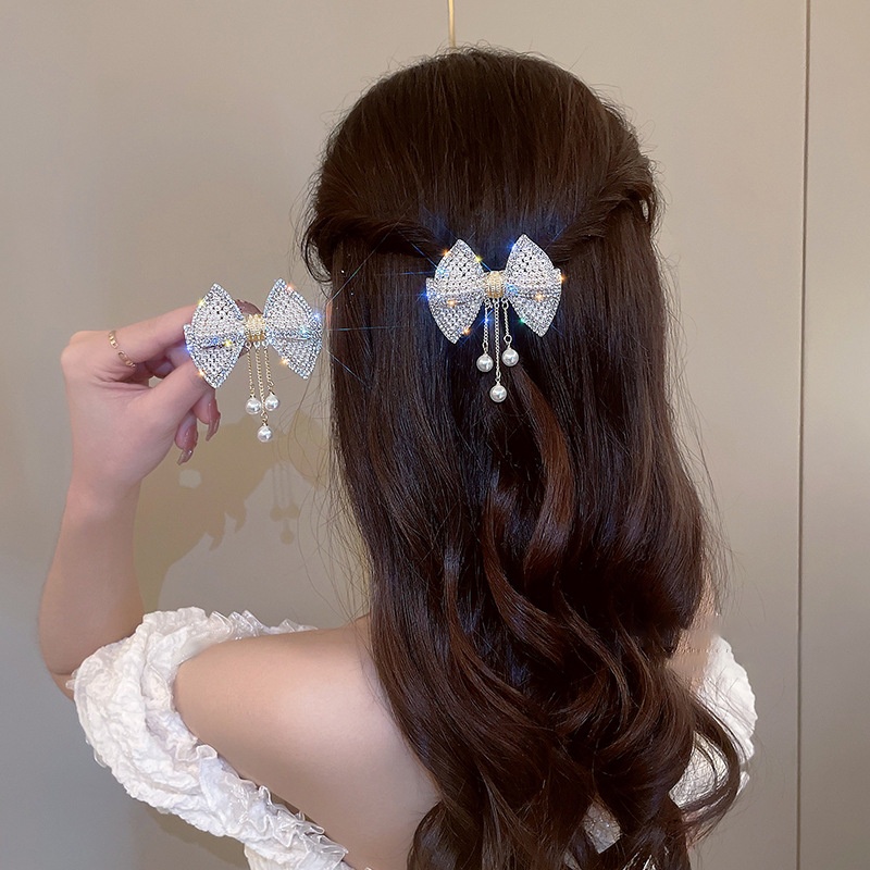 Busur Jepit Rambut Logam Jumbai Rambut Klip Berlian Imitasi Mutiara Musim Semi Klip Wanita Aksesoris Rambut