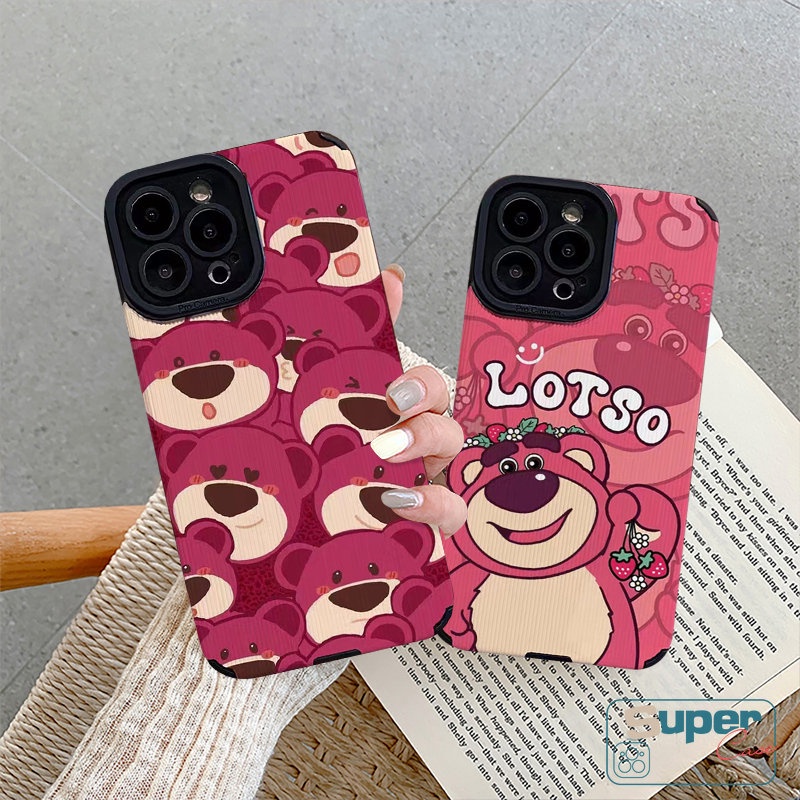 Luxury Leather Texture Lovely Phone Case Kompatibel Untuk iPhone 7Plus 8Plus XR X11 14 13 12 Pro MAX XS MAX Kartun Strawberry Bear Manyo Shockproof Soft Silicon Cover