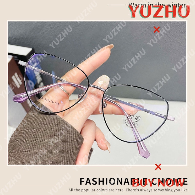 (YUZHU) Kacamata Mata Kucing Segitiga Logam Mode Baru Untuk Wanita Korea Fashion Ungu Anti Biru Cahaya Eyeglasses