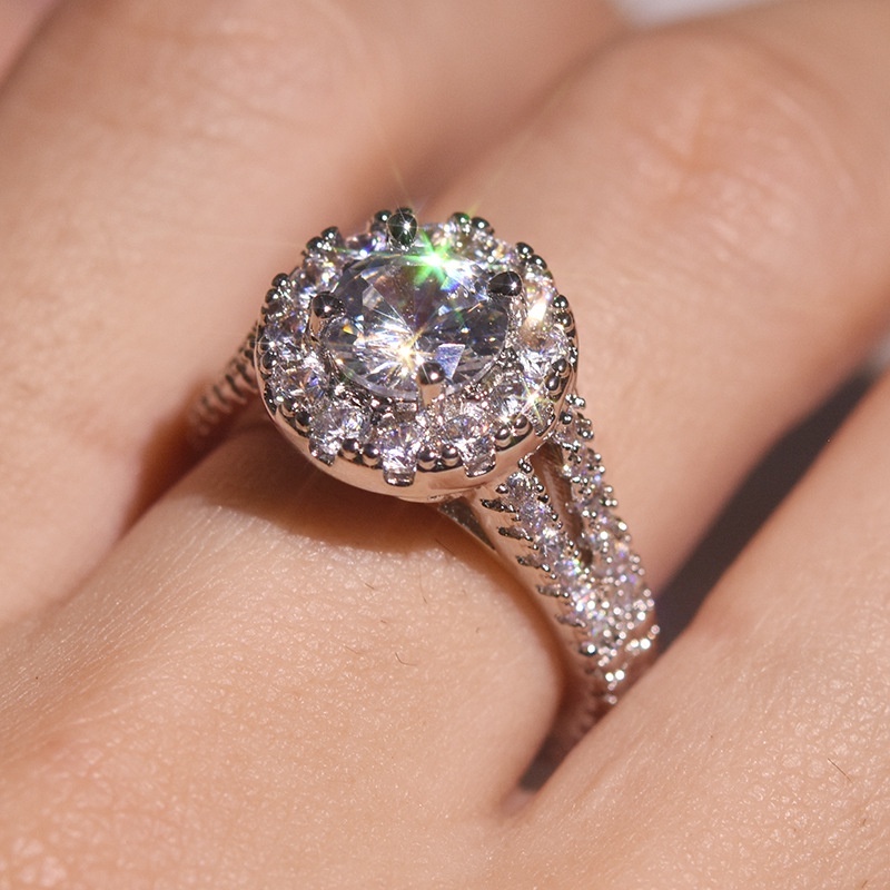 Goldkingdom Aksesoris Perhiasan Fashion Ready Stock Cincin Zirkon Bulat Super Berkilau Baru Pertunangan Sterling Silver Dengan Cincin Berlian