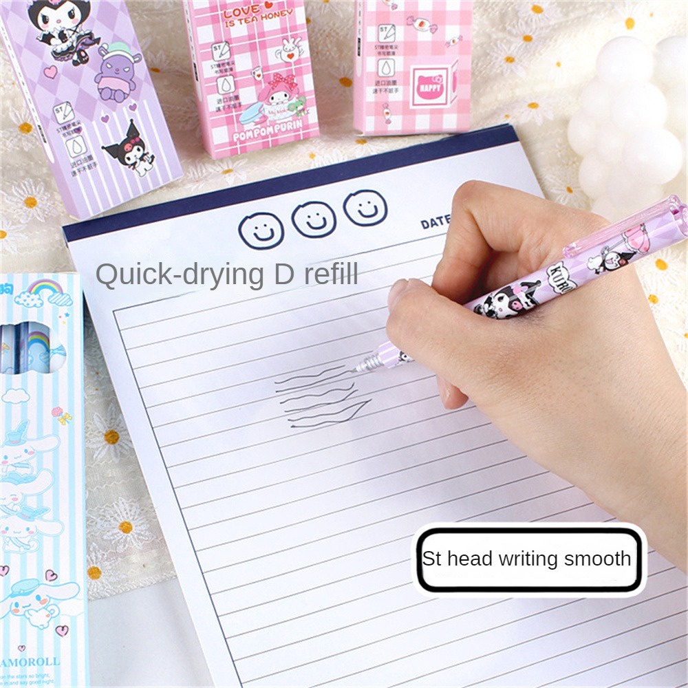 San4 Buah/Kotak Sanrio Pena Tekan Kartun Siswa Cepat Kering Kuromi Gel Pena Hitam 0.5M Pena Siswa Lucu untuk Hadiah Kawaii Anak-anak