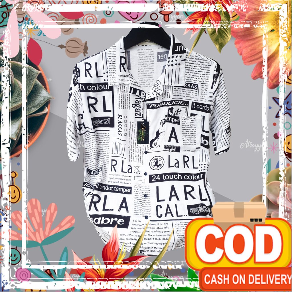 Alrayyan Store - Kemeja Hawai Rayon Motif Newspaper Lengan Pendek Men And Women Baju Santai Hawalili