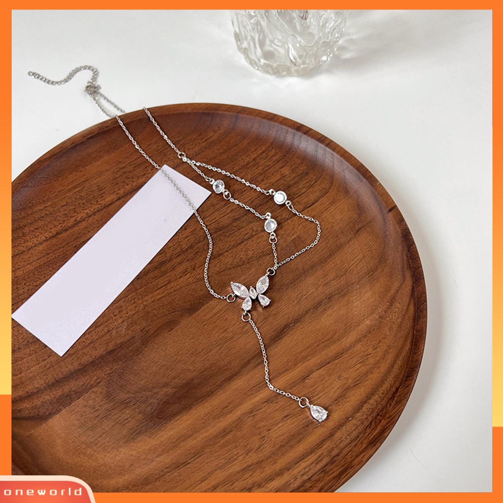 [EONE] Wanita Kalung Double-layer Asimetris Elegan Berlian Imitasi Bertatahkan Kupu-Kupu Klavikula Kalung Fashion Perhiasan