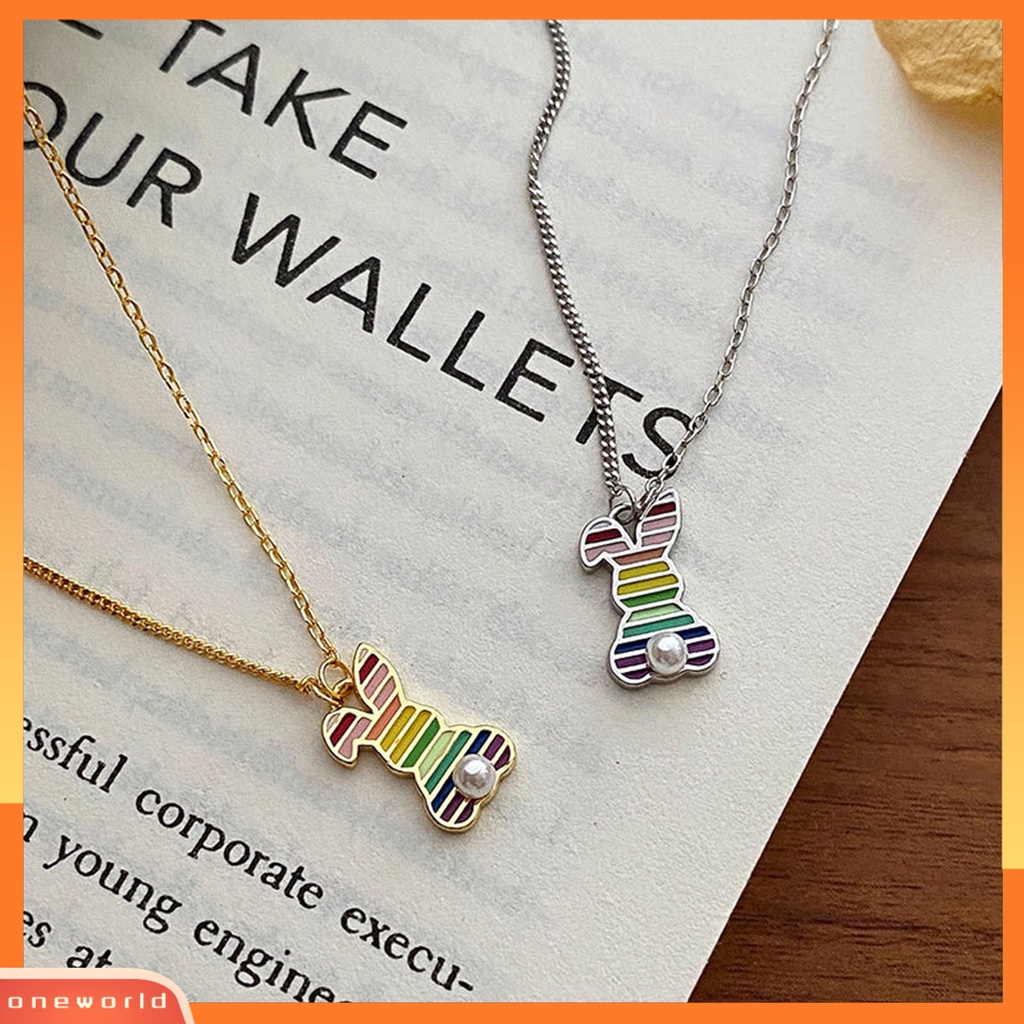 [EONE] Wanita Kalung Rainbow Oil-dripping Bergaris Mutiara Imitasi Elegan Kelinci Liontin Klavikula Kalung Fashion Perhiasan