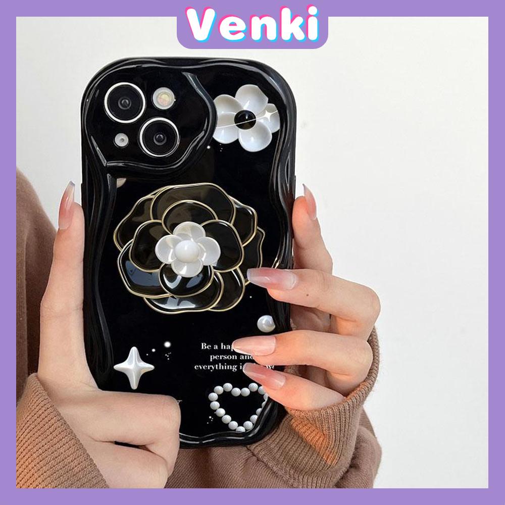 VENKI - For iPhone 11 iPhone Case 3D Curved Edge Wave Glossy Black TPU Airbag Shockproof Camera Cover Luxury Camellia Compatible with iPhone 14 13 Pro max 12 Pro Max xr xs max 7 8