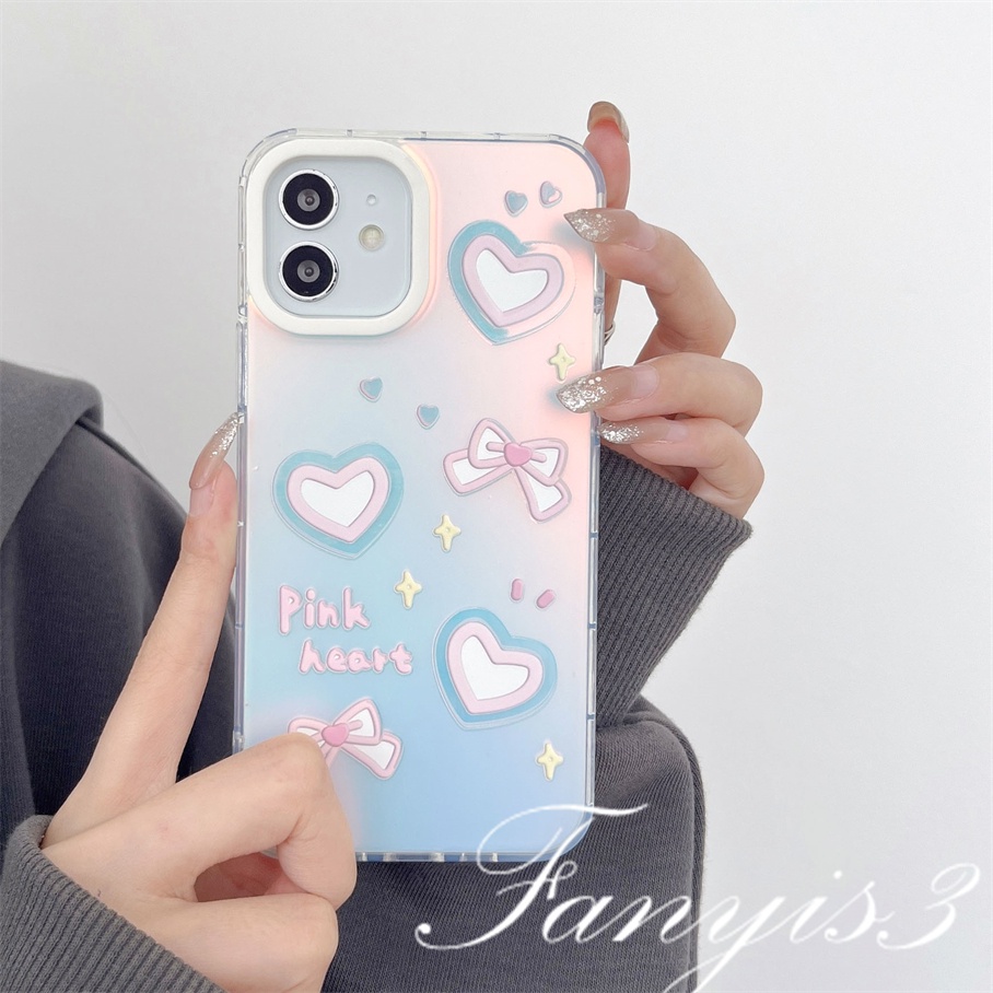 Compatible For IPhone 14 13 12 11 Pro Max X XR Xs Max 8 7 Plus SE 2020 Kompatibel Untuk Pink Love Heart Bow IMD Laser Gradient Phone Case TPU Lembut Shockproof Cover Pelindung