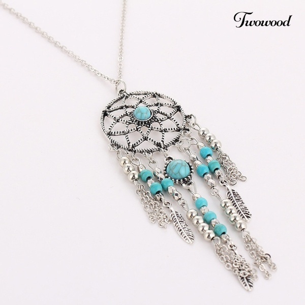 Twowood Boho Dreamcatcher Feather Turquoise Tassel Rantai Charm Kalung Wanita Perhiasan