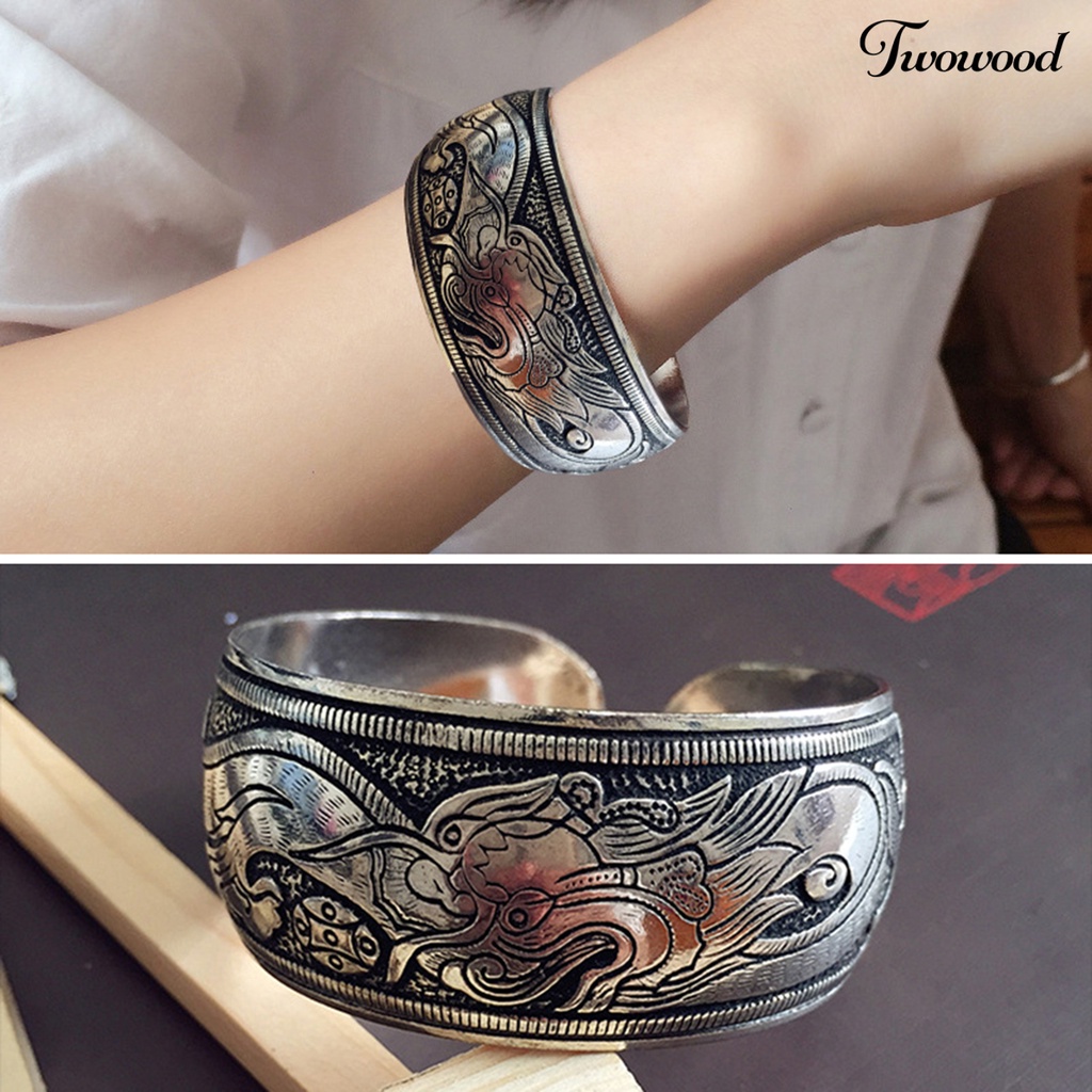 Twowood Gelang Ukir Retro Tidak Teratur Pembukaan Yang Dapat Disesuaikan Ukiran Dekorasi Gaya Etnik Tibet Perhiasan Vintage Lebar Bangle Pakaian Sehari-Hari