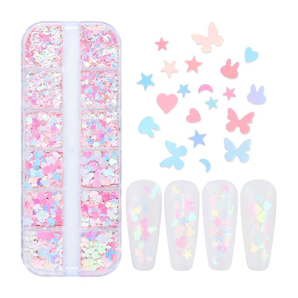 Nickolas1 Kuku Payet 12kisi Melamun Jepang Nail Art Cinta Hati Butterfly Star Moon Manicure Aksesoris Dekorasi Kuku