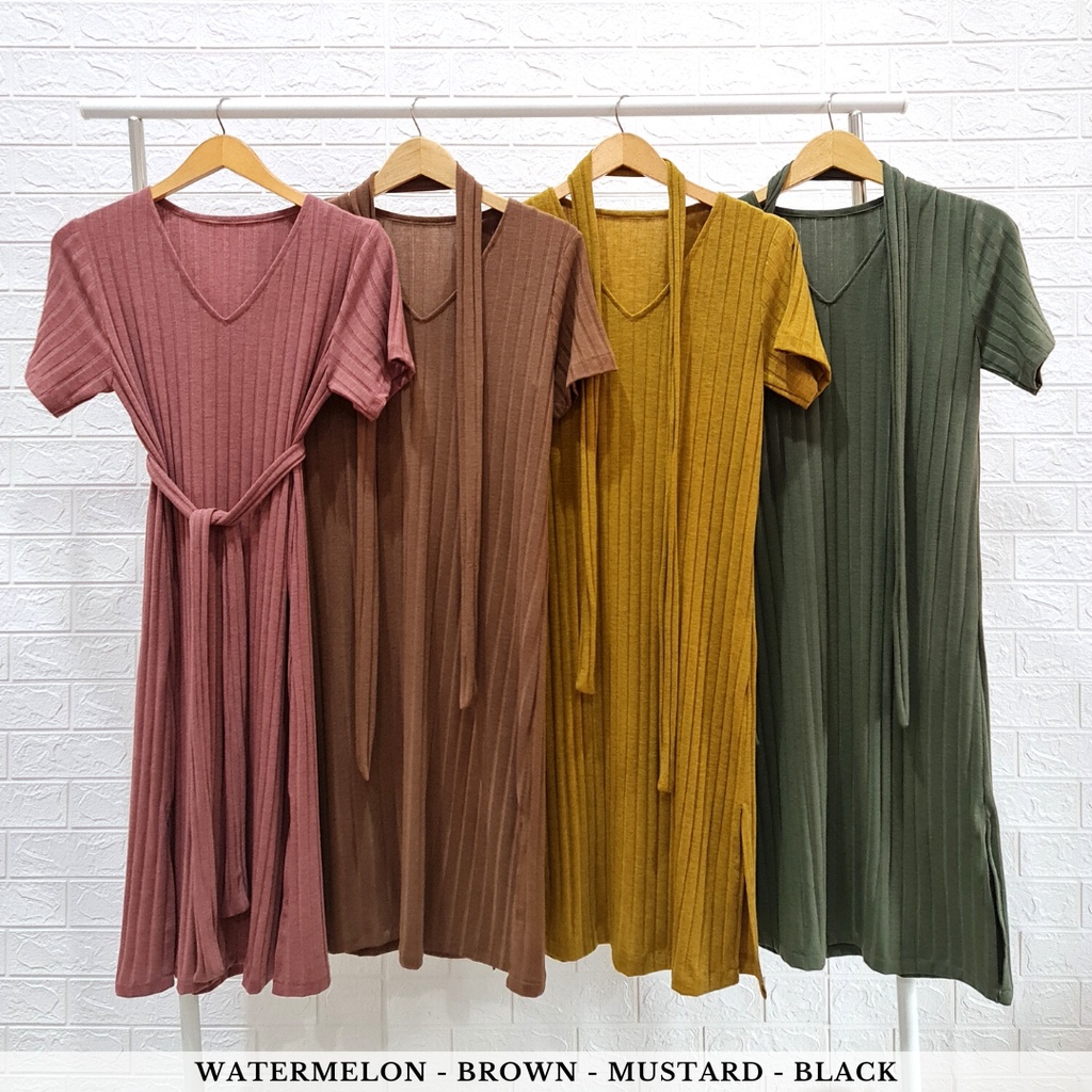 4171 sakura strap midi dress polos belt dress wanita casual dress rib knit