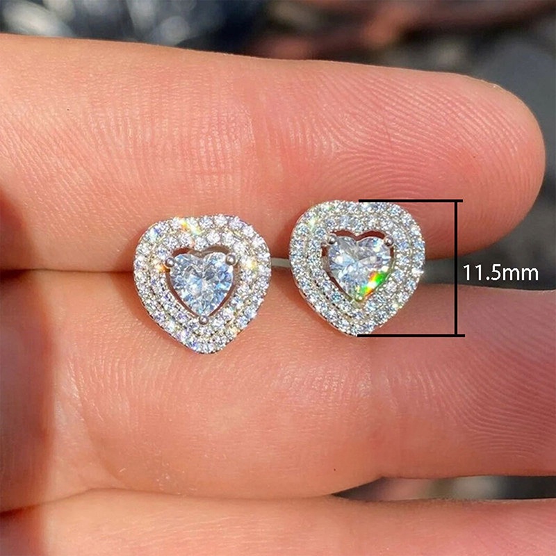 Brilliant Heart Cubic Zirconia Stud Earrings Untuk Wanita Pernikahan Pertunangan Cinta Aksesoris Hadiah Indah Perhiasan Fashion
