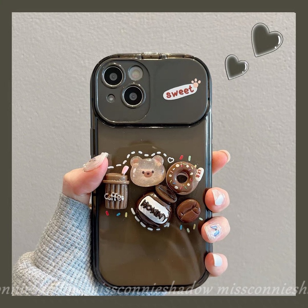 3d Kartun Lucu Mainan Beruang Kopi Donat Case Untuk Oppo A57 A12 A15 A7 A3s A5s A53 A15s A9 A5 A77 A77S A11K A31 A33 2020 A35 Kreatif Flip Make Up Cermin Shockproof Soft Phone Cover