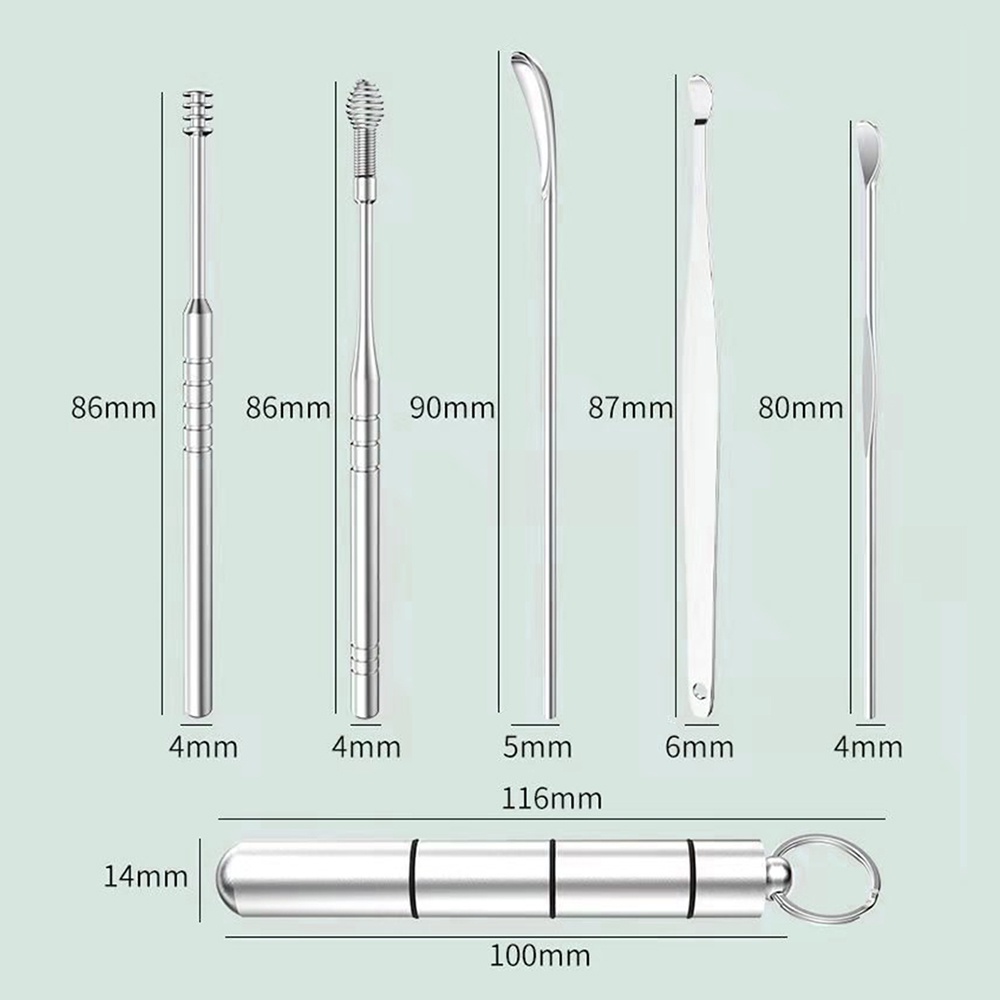 6 Pcs Set Stainless Steel Alat Pengambil Telinga Ear Scoop Spiral Ear Wax Picker Earpick Remover Pembersih Piercing Kit Cleaner